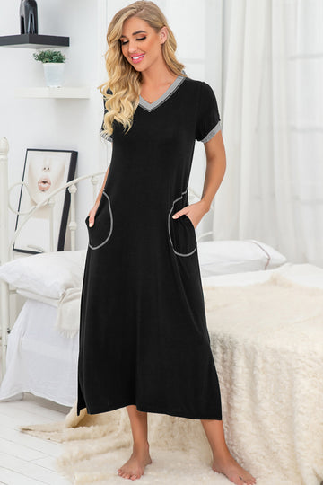 Womens Long Nightgown Short Sleeve Nightshirt V-Neck Soft With Pockets